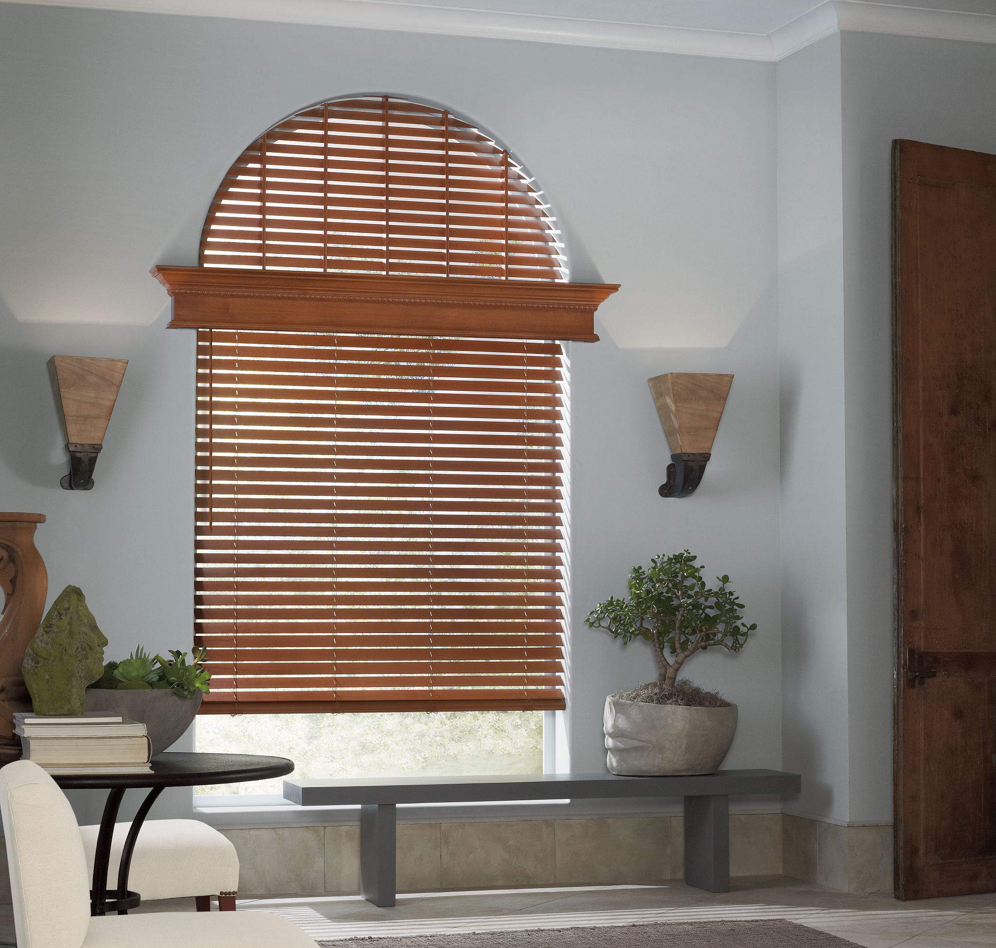 Custom wood blinds in a sunlit room