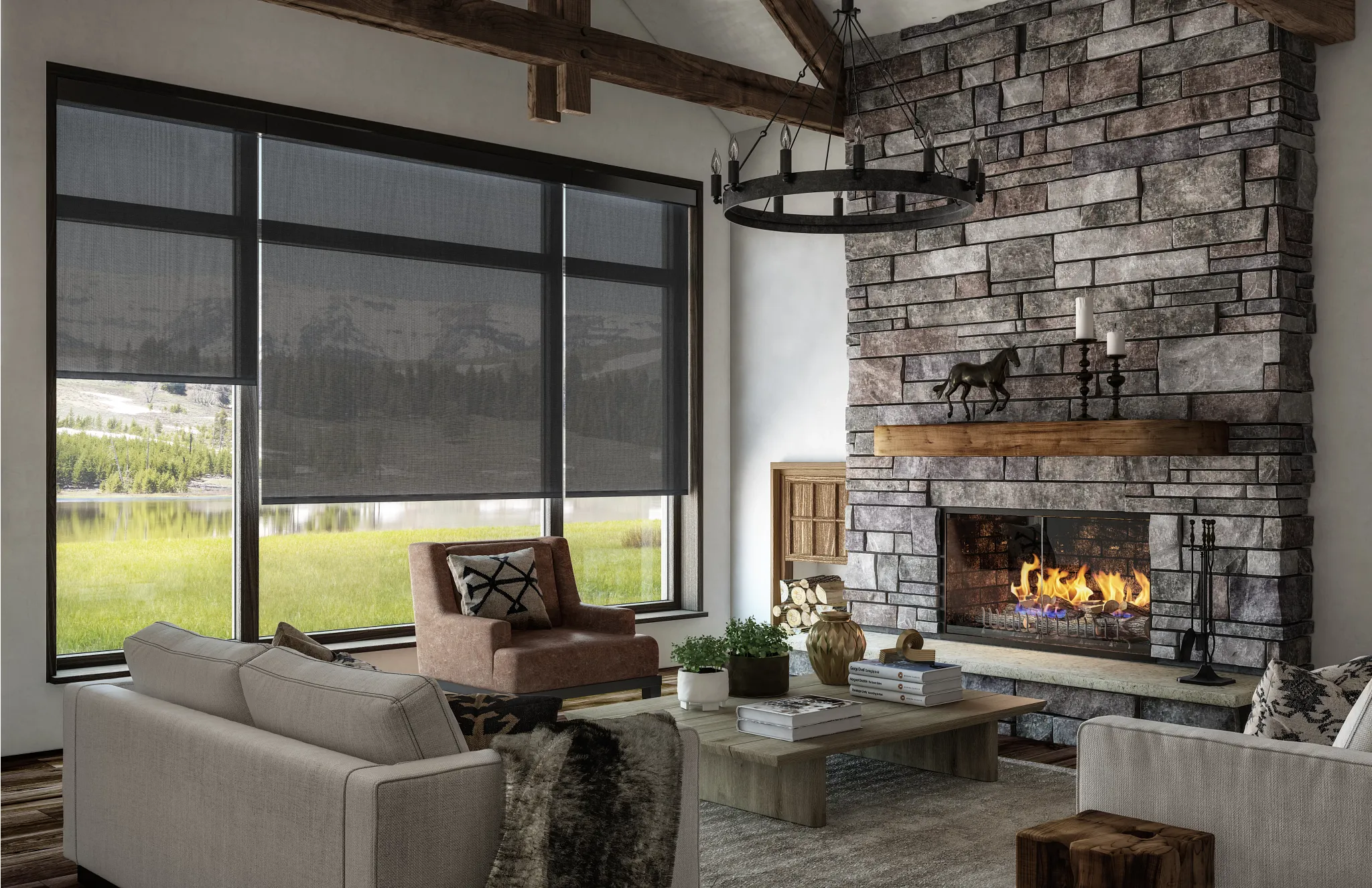 Solar roller shades filtering daylight in a beamed great room