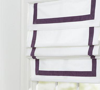 White Roman shade with contrast tape trim