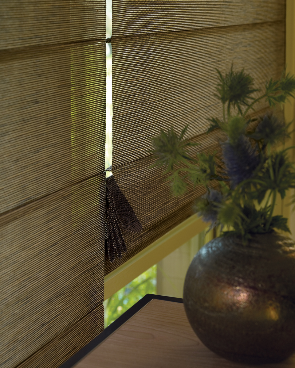 Woven wood and bamboo shade with natural reed texture